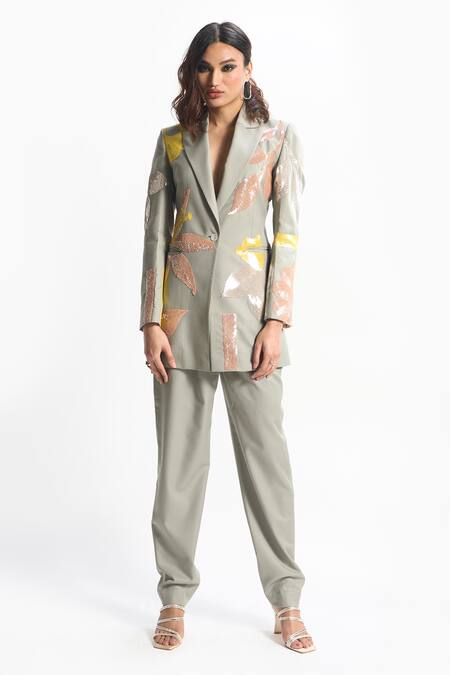 Sahil Kochhar Green Suiting Embroidered Sequin Lapel Collar Ariel Blazer Online at Aza Fashions Sahil Kochhar_Green Suiting Embroidered Sequin Lapel Collar Ariel Blazer _Online_at_Aza_Fashions