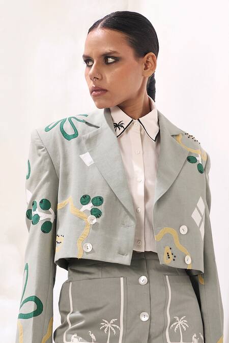 Sahil Kochhar Grey Cotton Embroidery Arya Applique Work Cropped Blazer Online at Aza Fashions Sahil Kochhar_Grey Cotton Embroidery Arya Applique Work Cropped Blazer _Online_at_Aza_Fashions