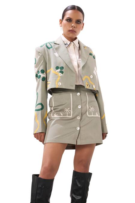 Buy Sahil Kochhar Grey Cotton Embroidery Arya Applique Work Cropped Blazer Online at Aza Fashions Buy_Sahil Kochhar_Grey Cotton Embroidery Arya Applique Work Cropped Blazer _Online_at_Aza_Fashions