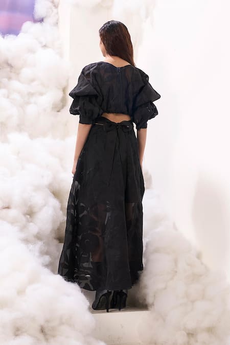 Shop Sahil Kochhar Black Organza Embroidered Applique Boat Ashima Floral Work Maxi Dress at Aza Fashions Shop_Sahil Kochhar_Black Organza Embroidered Applique Boat Ashima Floral Work Maxi Dress _at_Aza_Fashions