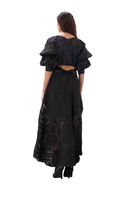 Shop Sahil Kochhar Black Organza Embroidered Applique Boat Ashima Floral Work Maxi Dress Online at Aza Fashions Shop_Sahil Kochhar_Black Organza Embroidered Applique Boat Ashima Floral Work Maxi Dress _Online_at_Aza_Fashions