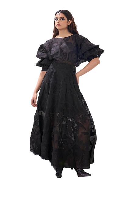 Sahil Kochhar Black Organza Embroidered Applique Boat Ashima Floral Work Maxi Dress at Aza Fashions Sahil Kochhar_Black Organza Embroidered Applique Boat Ashima Floral Work Maxi Dress _at_Aza_Fashions