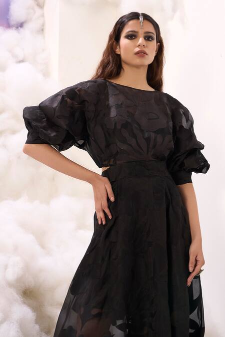 Buy Sahil Kochhar Black Organza Embroidered Applique Boat Ashima Floral Work Maxi Dress Buy_Sahil Kochhar_Black Organza Embroidered Applique Boat Ashima Floral Work Maxi Dress