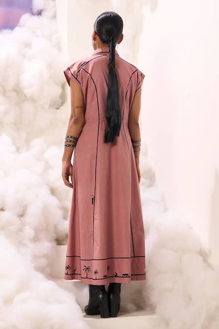 Shop Sahil Kochhar Pink Poplin Embroidery Collared Eliza Drop Shoulder Button Down Dress at Aza Fashions Shop_Sahil Kochhar_Pink Poplin Embroidery Collared Eliza Drop Shoulder Button Down Dress _at_Aza_Fashions