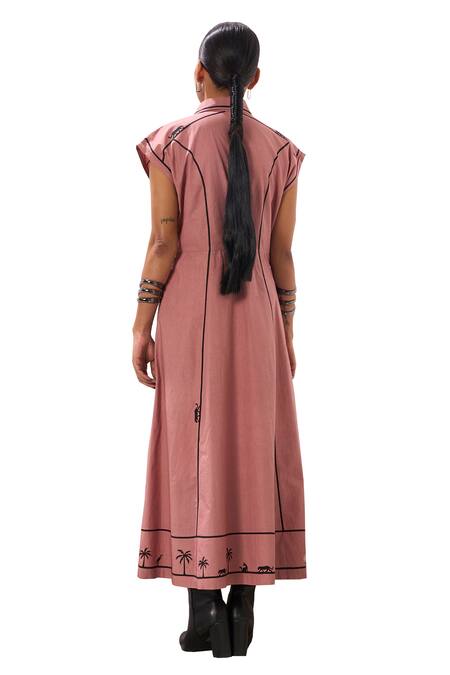 Sahil Kochhar Pink Poplin Embroidery Collared Eliza Drop Shoulder Button Down Dress Online at Aza Fashions Sahil Kochhar_Pink Poplin Embroidery Collared Eliza Drop Shoulder Button Down Dress _Online_at_Aza_Fashions