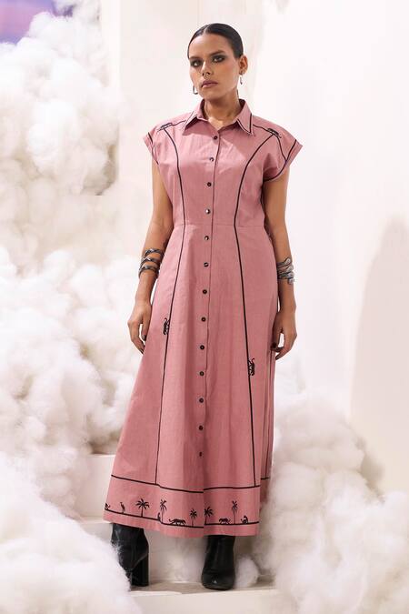 Buy Sahil Kochhar Pink Poplin Embroidery Collared Eliza Drop Shoulder Button Down Dress Online at Aza Fashions Buy_Sahil Kochhar_Pink Poplin Embroidery Collared Eliza Drop Shoulder Button Down Dress _Online_at_Aza_Fashions