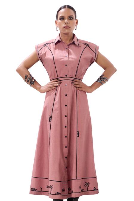 Shop Sahil Kochhar Pink Poplin Embroidery Collared Eliza Drop Shoulder Button Down Dress Online at Aza Fashions Shop_Sahil Kochhar_Pink Poplin Embroidery Collared Eliza Drop Shoulder Button Down Dress _Online_at_Aza_Fashions
