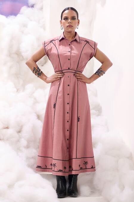 Sahil Kochhar Pink Poplin Embroidery Collared Eliza Drop Shoulder Button Down Dress at Aza Fashions Sahil Kochhar_Pink Poplin Embroidery Collared Eliza Drop Shoulder Button Down Dress _at_Aza_Fashions