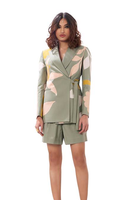 Sahil Kochhar Green Suiting Embroidered Appliqe Lapel Collar Eva Tie-up Blazer Online at Aza Fashions Sahil Kochhar_Green Suiting Embroidered Appliqe Lapel Collar Eva Tie-up Blazer _Online_at_Aza_Fashions