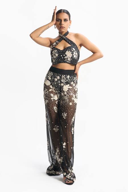 Sahil Kochhar Black Cotton Satin Embroidered Bead Criss Gia And Sequin Crop Top 