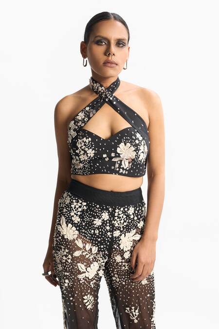 Sahil Kochhar Black Cotton Satin Beads, Sequins Crew Neck Gia And Embroidered Crop Top Online at Aza Fashions Sahil Kochhar_Black Cotton Satin Beads, Sequins Crew Neck Gia And Embroidered Crop Top _Online_at_Aza_Fashions