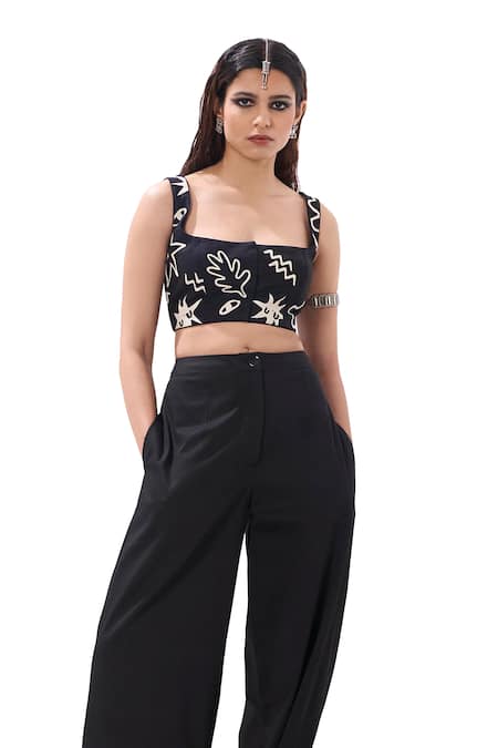 Sahil Kochhar_Black Cotton Satin Applique Square Neck Ismat Work Crop Top _Online_at_Aza_Fashions