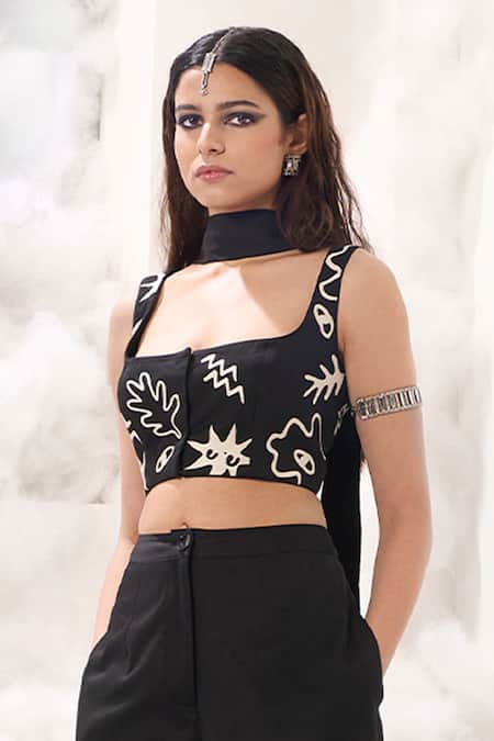 Buy_Sahil Kochhar_Black Cotton Satin Applique Square Neck Ismat Work Crop Top _Online_at_Aza_Fashions