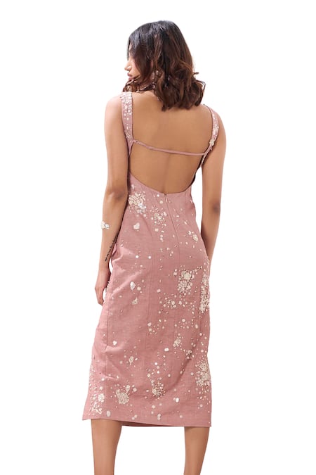 Sahil Kochhar Pink Viscose Linen Embroidered 3d Kamilla Backless Pencil Dress Online at Aza Fashions Sahil Kochhar_Pink Viscose Linen Embroidered 3d Kamilla Backless Pencil Dress _Online_at_Aza_Fashions