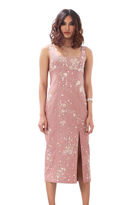 Buy Sahil Kochhar Pink Viscose Linen Embroidered 3d Kamilla Backless Pencil Dress Online at Aza Fashions Buy_Sahil Kochhar_Pink Viscose Linen Embroidered 3d Kamilla Backless Pencil Dress _Online_at_Aza_Fashions