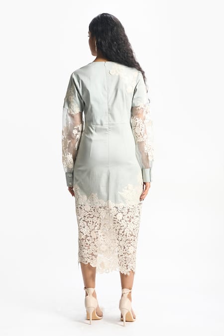 Shop Sahil Kochhar Blue Cotton Satin Embroidered Floral Applique V Neck Kayla Dress at Aza Fashions Shop_Sahil Kochhar_Blue Cotton Satin Embroidered Floral Applique V Neck Kayla Dress _at_Aza_Fashions