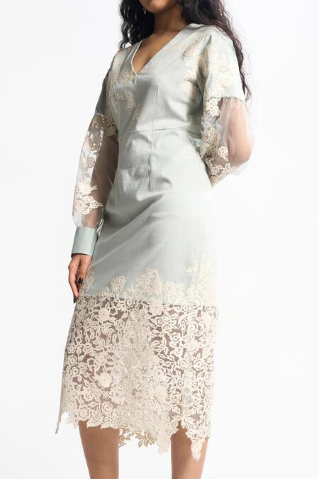 Sahil Kochhar Blue Cotton Satin Embroidered Floral Applique V Neck Kayla Dress Online at Aza Fashions Sahil Kochhar_Blue Cotton Satin Embroidered Floral Applique V Neck Kayla Dress _Online_at_Aza_Fashions