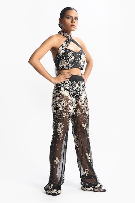 Shop_Sahil Kochhar_Black Net Embroidered Bead Maria Pant  _at_Aza_Fashions