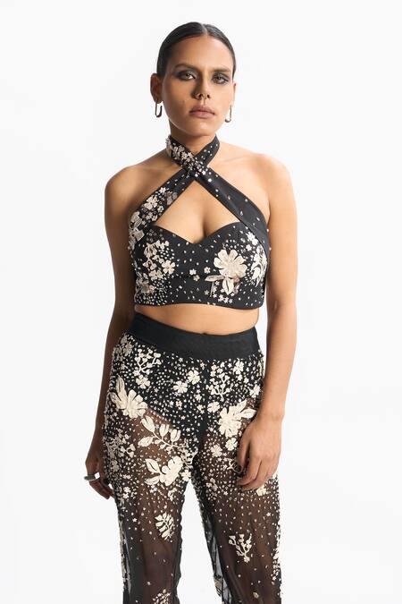Sahil Kochhar_Black Net Embroidered Bead Maria Pant  _Online_at_Aza_Fashions