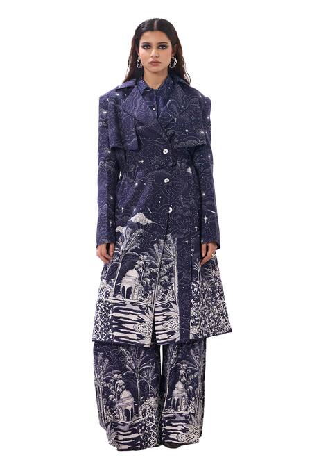 Buy_Sahil Kochhar_Blue Rayon Twill Printed Abstract Lapel Collar Moana Trench Jacket  _Online_at_Aza_Fashions