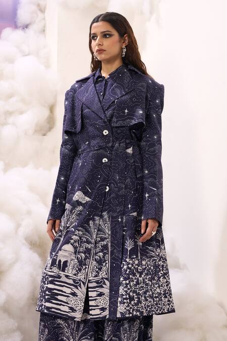 Shop_Sahil Kochhar_Blue Rayon Twill Printed Abstract Lapel Collar Moana Trench Jacket  _Online_at_Aza_Fashions