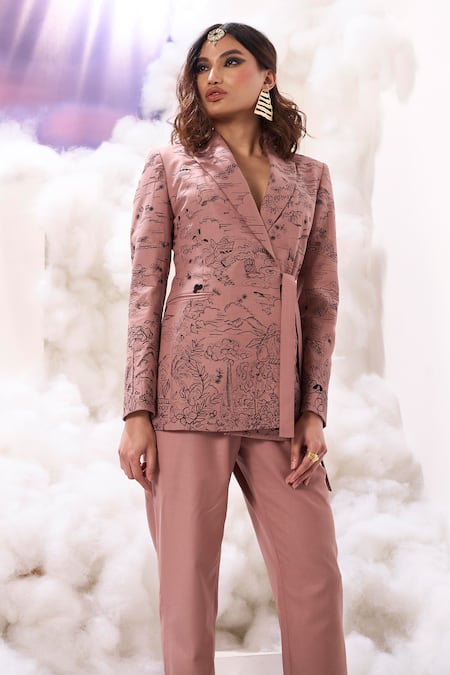 Sahil Kochhar Pink Suiting Embroidered Nature Shawl Collar Myla Pattern Jacket 