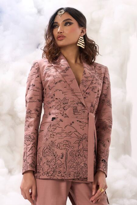 Sahil Kochhar Pink Suiting Embroidered Nature Shawl Collar Myla Pattern Jacket Online at Aza Fashions Sahil Kochhar_Pink Suiting Embroidered Nature Shawl Collar Myla Pattern Jacket _Online_at_Aza_Fashions