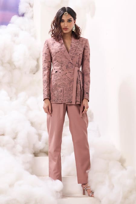 Sahil Kochhar Pink Suiting Embroidered Nature Shawl Collar Myla Pattern Jacket at Aza Fashions Sahil Kochhar_Pink Suiting Embroidered Nature Shawl Collar Myla Pattern Jacket _at_Aza_Fashions