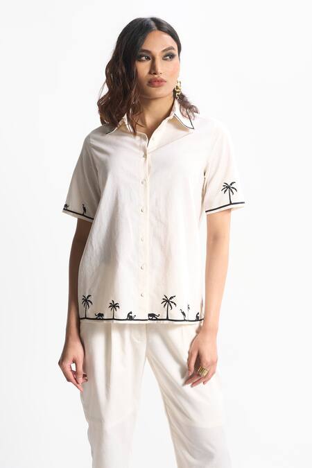 Sahil Kochhar Ivory Linen Collared Nadia Jungle Print Shirt Online at Aza Fashions Sahil Kochhar_Ivory Linen Collared Nadia Jungle Print Shirt _Online_at_Aza_Fashions