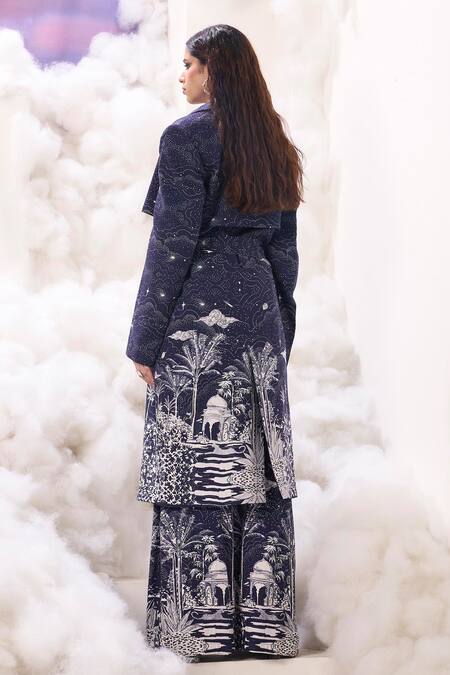 Shop Sahil Kochhar Blue Rayon Twill Printed Nature Nain Galaxy Flared Pant at Aza Fashions Shop_Sahil Kochhar_Blue Rayon Twill Printed Nature Nain Galaxy Flared Pant _at_Aza_Fashions