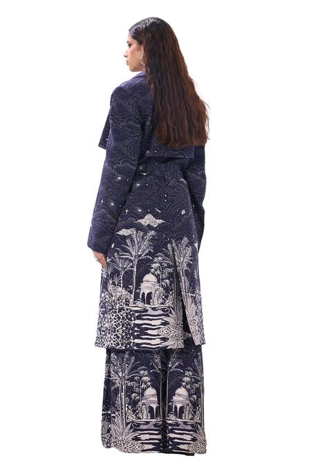 Sahil Kochhar Blue Rayon Twill Printed Nature Nain Galaxy Flared Pant Online at Aza Fashions Sahil Kochhar_Blue Rayon Twill Printed Nature Nain Galaxy Flared Pant _Online_at_Aza_Fashions
