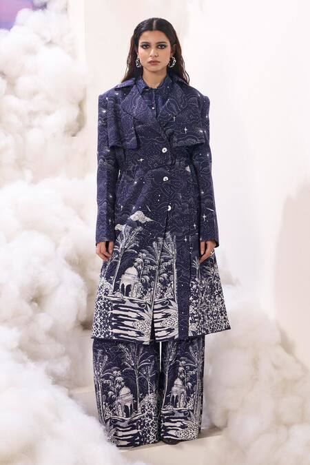 Shop Sahil Kochhar Blue Rayon Twill Printed Nature Nain Galaxy Flared Pant Online at Aza Fashions Shop_Sahil Kochhar_Blue Rayon Twill Printed Nature Nain Galaxy Flared Pant _Online_at_Aza_Fashions