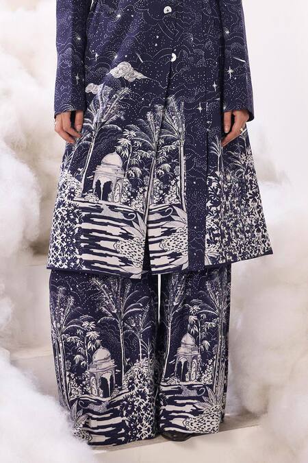Sahil Kochhar Blue Rayon Twill Printed Nature Nain Galaxy Flared Pant at Aza Fashions Sahil Kochhar_Blue Rayon Twill Printed Nature Nain Galaxy Flared Pant _at_Aza_Fashions