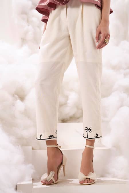 Shop_Sahil Kochhar_Ivory Linen Nayra Placed Print Pant _at_Aza_Fashions