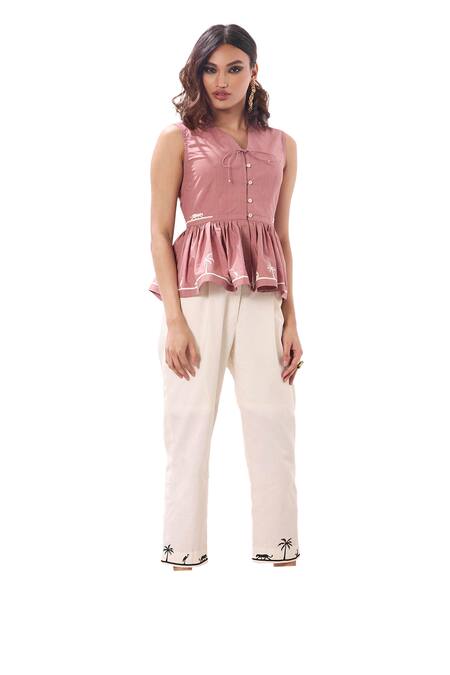 Sahil Kochhar_Ivory Linen Nayra Placed Print Pant _Online_at_Aza_Fashions