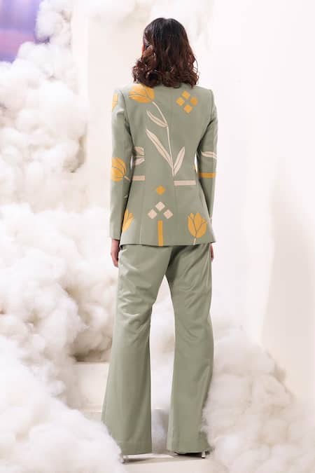 Shop Sahil Kochhar Green Suiting Applique Shawl Collar Nikita Tulip Jacket at Aza Fashions Shop_Sahil Kochhar_Green Suiting Applique Shawl Collar Nikita Tulip Jacket _at_Aza_Fashions
