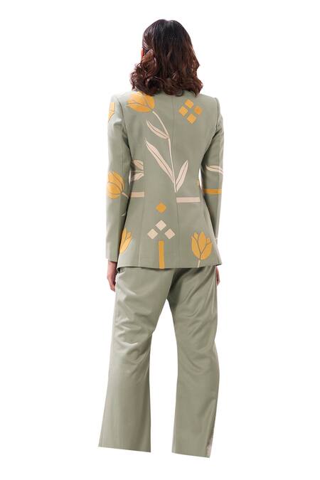 Sahil Kochhar Green Suiting Applique Shawl Collar Nikita Tulip Jacket Online at Aza Fashions Sahil Kochhar_Green Suiting Applique Shawl Collar Nikita Tulip Jacket _Online_at_Aza_Fashions
