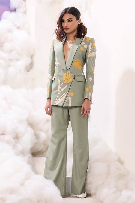 Buy Sahil Kochhar Green Suiting Applique Shawl Collar Nikita Tulip Jacket Online at Aza Fashions Buy_Sahil Kochhar_Green Suiting Applique Shawl Collar Nikita Tulip Jacket _Online_at_Aza_Fashions