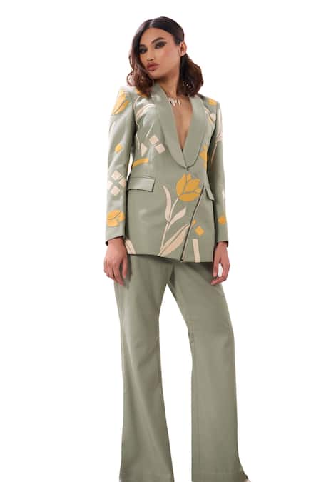 Sahil Kochhar Green Suiting Applique Shawl Collar Nikita Tulip Jacket at Aza Fashions Sahil Kochhar_Green Suiting Applique Shawl Collar Nikita Tulip Jacket _at_Aza_Fashions