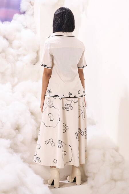 Shop Sahil Kochhar Ivory Cotton Satin Applique, Sequins Nina Abstract Embroidered A-line Skirt at Aza Fashions Shop_Sahil Kochhar_Ivory Cotton Satin Applique, Sequins Nina Abstract Embroidered A-line Skirt _at_Aza_Fashions