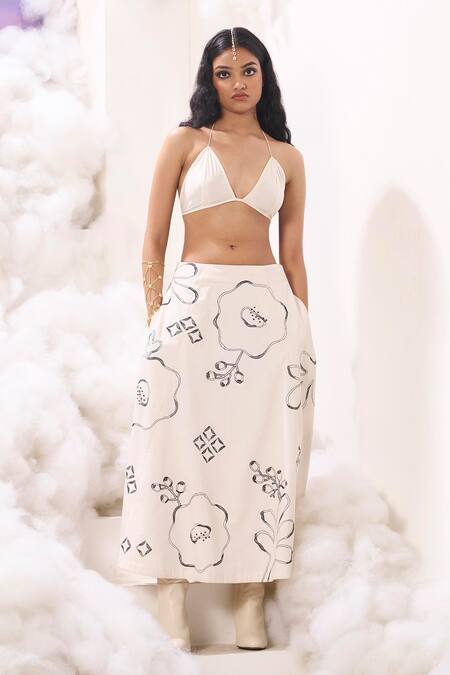Buy Sahil Kochhar Ivory Cotton Satin Applique, Sequins Nina Abstract Embroidered A-line Skirt Online at Aza Fashions Buy_Sahil Kochhar_Ivory Cotton Satin Applique, Sequins Nina Abstract Embroidered A-line Skirt _Online_at_Aza_Fashions