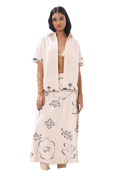 Sahil Kochhar Ivory Cotton Satin Applique, Sequins Nina Abstract Embroidered A-line Skirt at Aza Fashions Sahil Kochhar_Ivory Cotton Satin Applique, Sequins Nina Abstract Embroidered A-line Skirt _at_Aza_Fashions