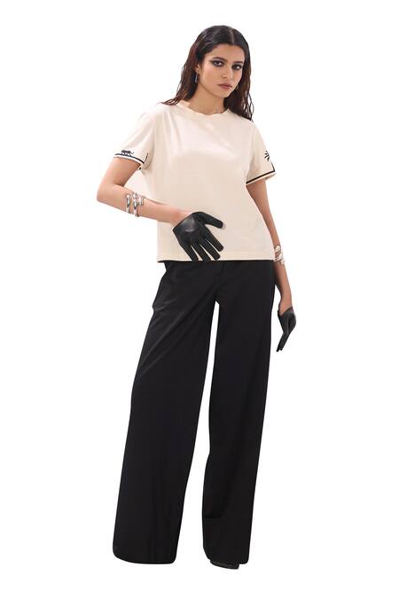 Sahil Kochhar Black Cotton Satin Plain Oksana Flared Pant Online at Aza Fashions Sahil Kochhar_Black Cotton Satin Plain Oksana Flared Pant _Online_at_Aza_Fashions