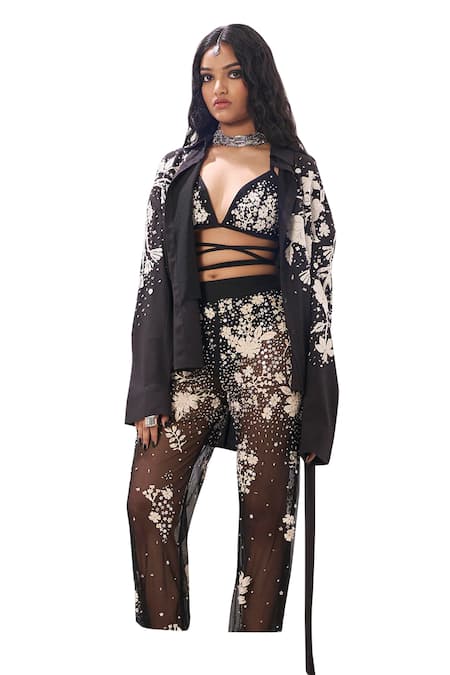 Sahil Kochhar Black Organza, Velvet Applique, Sequins Collared Olivia Floral Shirt Online at Aza Fashions Sahil Kochhar_Black Organza, Velvet Applique, Sequins Collared Olivia Floral Shirt _Online_at_Aza_Fashions