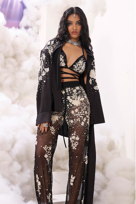 Shop Sahil Kochhar Black Organza, Velvet Applique, Sequins Collared Olivia Floral Shirt Online at Aza Fashions Shop_Sahil Kochhar_Black Organza, Velvet Applique, Sequins Collared Olivia Floral Shirt _Online_at_Aza_Fashions