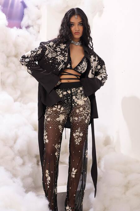 Sahil Kochhar Black Organza, Velvet Applique, Sequins Collared Olivia Floral Shirt at Aza Fashions Sahil Kochhar_Black Organza, Velvet Applique, Sequins Collared Olivia Floral Shirt _at_Aza_Fashions