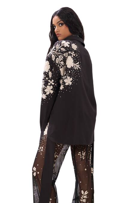 Buy Sahil Kochhar Black Organza, Velvet Applique, Sequins Collared Olivia Floral Shirt Buy_Sahil Kochhar_Black Organza, Velvet Applique, Sequins Collared Olivia Floral Shirt
