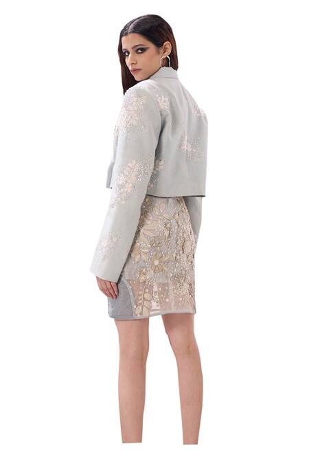 Shop_Sahil Kochhar_Blue Suiting Embellished Applique Lapel Collar Qashwa Cropped Jacket  _Online_at_Aza_Fashions