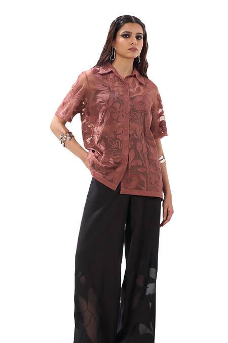 Sahil Kochhar_Pink Organza Applique Collared Rama Sheer Shirt _Online_at_Aza_Fashions