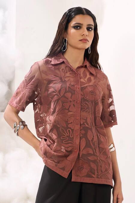Buy_Sahil Kochhar_Pink Organza Applique Collared Rama Sheer Shirt _Online_at_Aza_Fashions